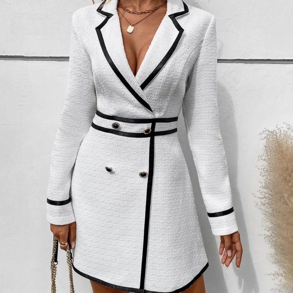 Contrast Binding Double Breasted White Dress - Picture 5 of 5